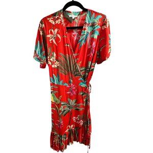 ✌️ 2/$40 ✌️ Italian Designer Red Floral Tie Wrap Dress with Ruffled Hem sz L